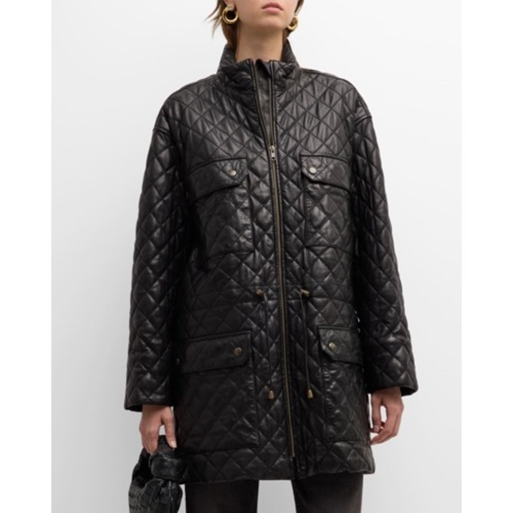 FRAME‎ Quilted Leather Parka Jacket Coat Black Sz Small Oversized Chic Warm Edgy